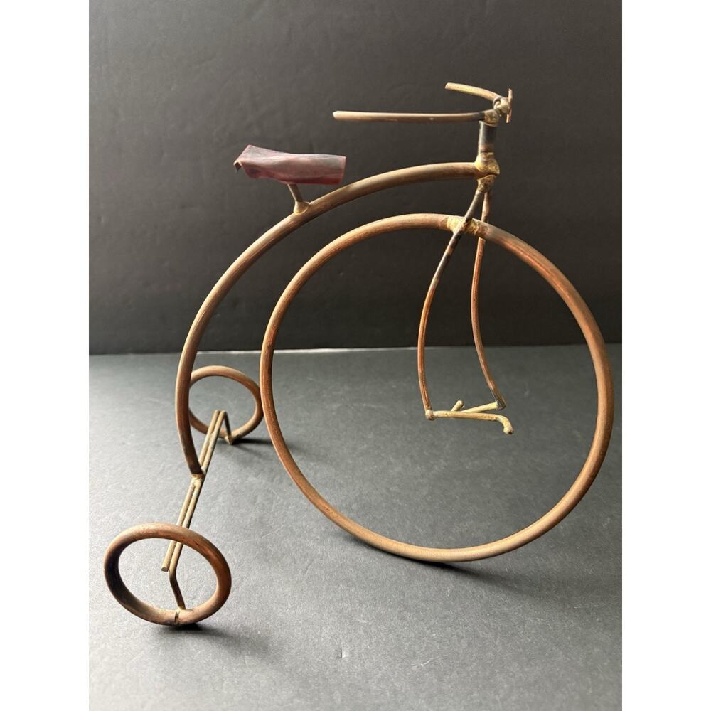 Vintage Copper Brass Rod Sculpture Bike Hand Crafted Mixed Metal High Wheel
